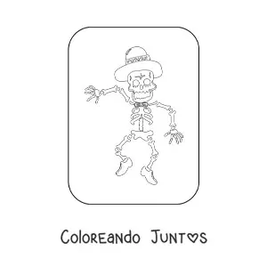 Imagen para colorear de un esqueleto humano bailando con un sombrero en el Día de los muertos