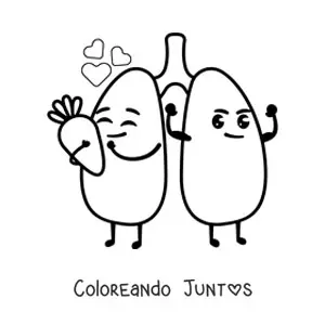 Imagen para colorear de un par de pulmones animados alegres sosteniendo una saludable zanahoria