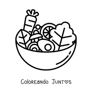 Imagen para colorear de ensalada con lechuga, zanahoria y huevos en un recipiente