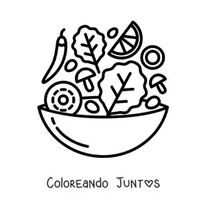 Imagen para colorear de ensalada con pimientos, lechuga y champiñones en un recipiente
