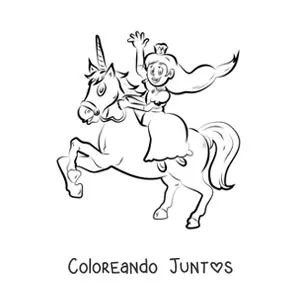 Imagen para colorear de una princesa montando un unicornio y saludando