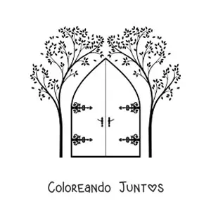 Imagen para colorear de una puerta con dos árboles a los lados