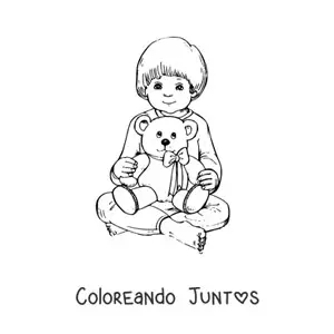 Imagen para colorear de un niño sentado sujetando un oso de peluche