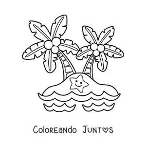 Imagen para colorear de una isla kawaii con 2 palmeras y una estrella de mar sonriente
