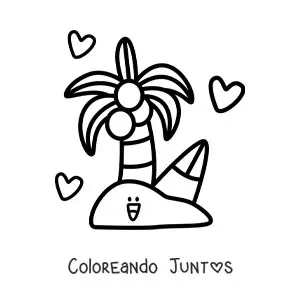 Imagen para colorear de una isla animada kawaii con una palmera y corazones de fondo