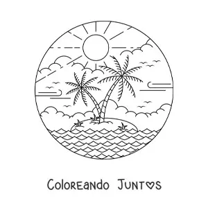 Imagen para colorear de una isla paradisíaca con Sol y 2 palmeras