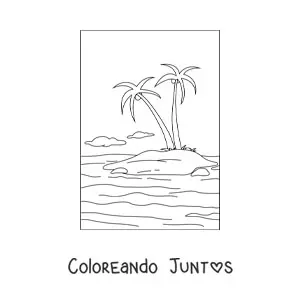 Imagen para colorear de un paisaje de una isla con 2 palmeras
