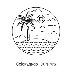 Imagen para colorear de una isla desierta con palmera y Sol