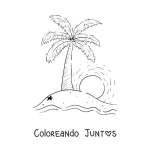 Imagen para colorear del sol ocultándose en una isla con una palmera