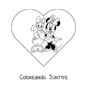 Imagen para colorear de Minnie y Daisy con corazón de fondo