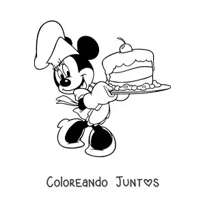 Imagen para colorear de Minnie cocinera con gorro de chef y un pastel