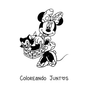 Imagen para colorear de Minnie llevando a su gato Fígaro en una cesta
