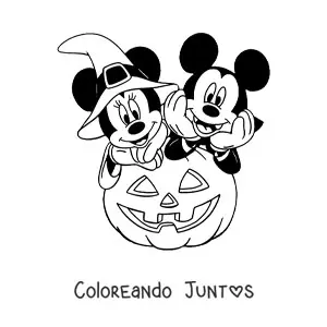 Imagen para colorear de Minnie y Mickey en Halloween disfrazados junto a una calabaza grande