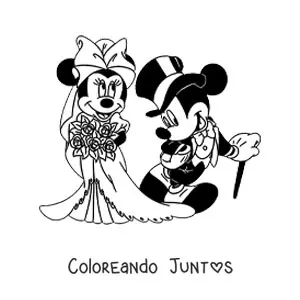 Imagen para colorear de Minnie con vestido de novia y un ramo y Mickey con traje y sombrero en su boda