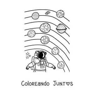 Imagen para colorear de un astronauta y los planetas del Sistema Solar actual