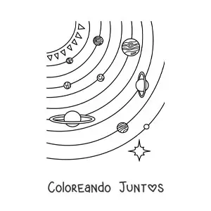 Imagen para colorear de los planetas del Sistema Solar con sus órbitas completas y Plutón a escala
