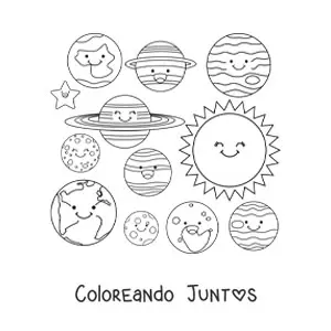 Imagen para colorear de planetas del Sistema Solar con un Sol kawaii