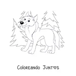 Imagen para colorear de un lobo animado sonriente en un bosque