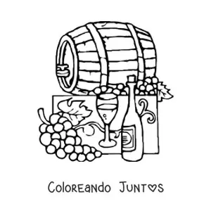 Imagen para colorear de varias uvas junto a un barril y una botella de vino