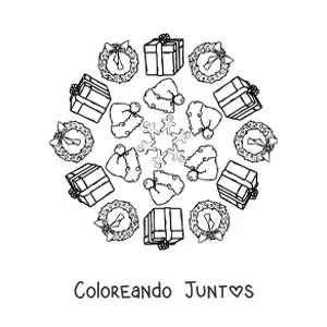Imagen para colorear de mandala de regalos y gorros de Navidad para niños