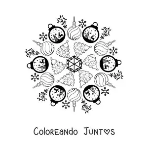 Imagen para colorear de mandala de bolas y árboles de Navidad para niños