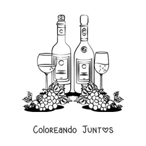 Imagen para colorear de varias uvas junto a dos botellas y dos copas de vino