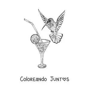 Imagen para colorear de un colibrí bebiendo de una copa con una rodaja de limón