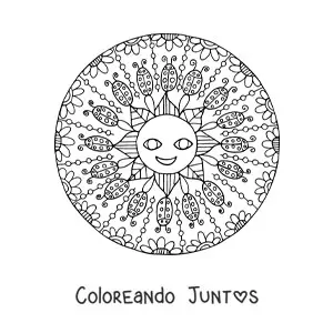 Imagen para colorear de mandala del Sol animado rodeado de mariquitas y flores