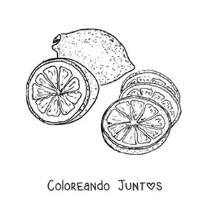 Imagen para colorear de un limón entero y varias rodajas de limón