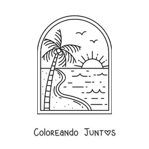 Imagen para colorear de paisaje de la playa con palmera y Sol