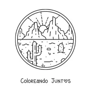 Imagen para colorear de paisaje del desierto con dos cactus y montañas al fondo