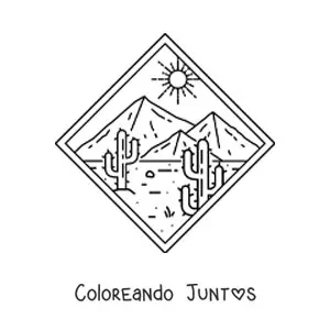 Imagen para colorear de paisaje del desierto con dos cactus y pirámides al fondo