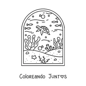 Imagen para colorear de paisaje del fondo marino con peces, tortuga y corales
