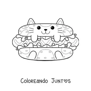 Imagen para colorear de hot dog con forma de gato animado kawaii