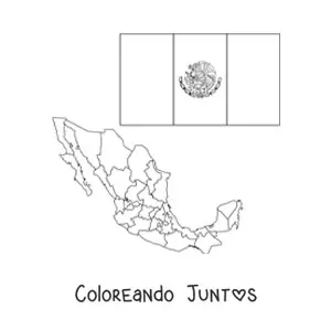 Imagen para colorear de la bandera de México con escudo junto a un mapa