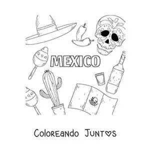 Imagen para colorear de la bandera de México junto a una calavera mexicana, un ají, tequila y un sombrero