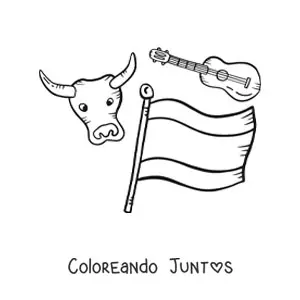Imagen para colorear de la bandera de España junto a un toro kawaii y una guitarra