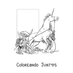 Imagen para colorear de unicornio de Calabozos y Dragones escapando de varios goblins