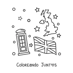 Imagen para colorear de la bandera del Reino Unido junto a un mapa y una cabina telefónica