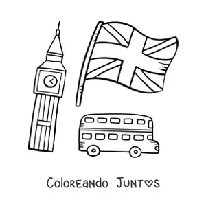 Imagen para colorear de la bandera del Reino Unido con el Big Ben y un autobús de dos pisos