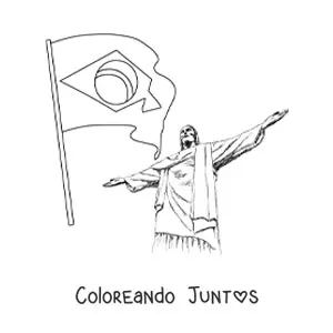 Imagen para colorear de la bandera de Brasil junto al Cristo Redentor