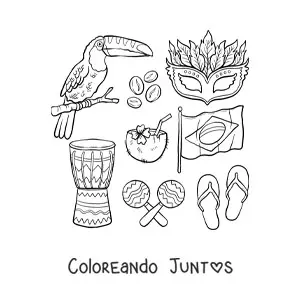 Imagen para colorear de la bandera de Brasil, un tucán, un tambor, unas maracas, un coco y una máscara