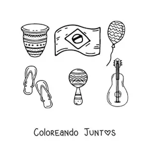 Imagen para colorear de la bandera de Brasil, un tambor, una maraca, un instrumento y una sandalia