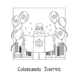Imagen para colorear de una chica sosteniendo la bandera de Canadá y globos