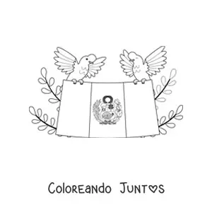 Imagen para colorear de bandera de perú con dos gallitos de las rocas