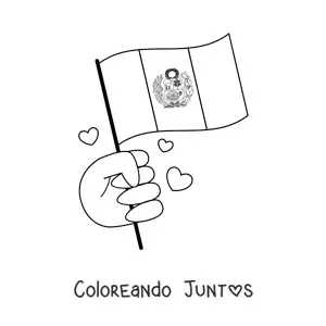 Imagen para colorear de mano sosteniendo bandera de perú con escudo