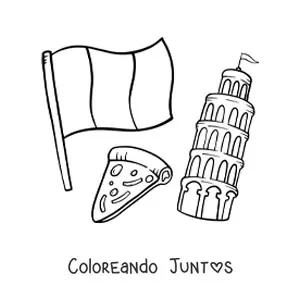Imagen para colorear de bandera de italia con pizza y la torre de pisa