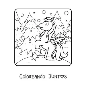 Imagen para colorear de un unicornio animado junto a un árbol de Navidad