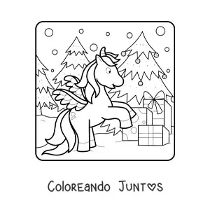 Imagen para colorear de un unicornio animado junto a un árbol de Navidad con regalos