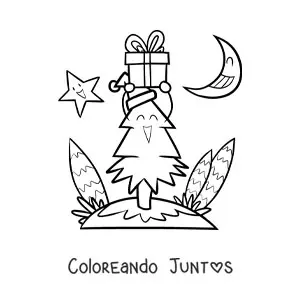 Imagen para colorear de un árbol navideño animado con regalo, con la Luna y una estrella de fondo